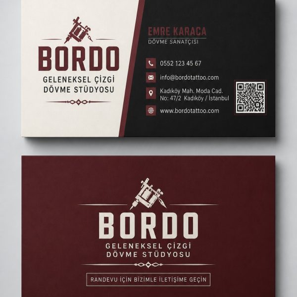 Bordo Geleneksel Çizgi Dövme Stüdyosu Kartvizit Tasarımı