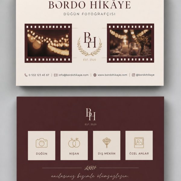 Bordo Hikâye Kareleri Düğün Fotoğrafçısı Kartvizit Tasarımı