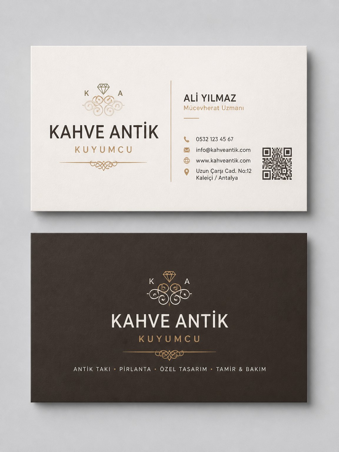 Kahve Antik Takı Kuyumcu Kartvizit Tasarımı 1 Kahve Antik Takı Kuyumcu Kartvizit Tasarımı