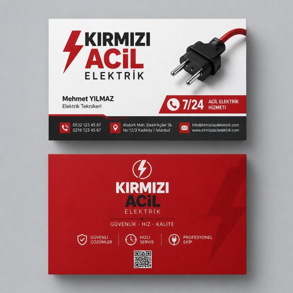 Kırmızı Acil Elektrik Elektrikçi Kartvizit Tasarımı