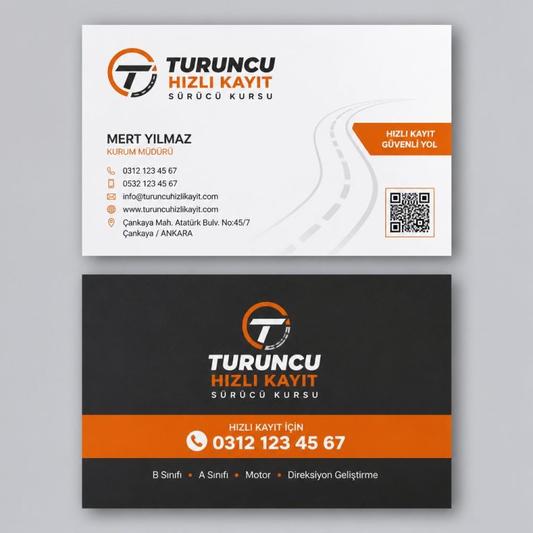 Turuncu Hızlı Kayıt Sürücü Kursu Kartvizit Tasarımı